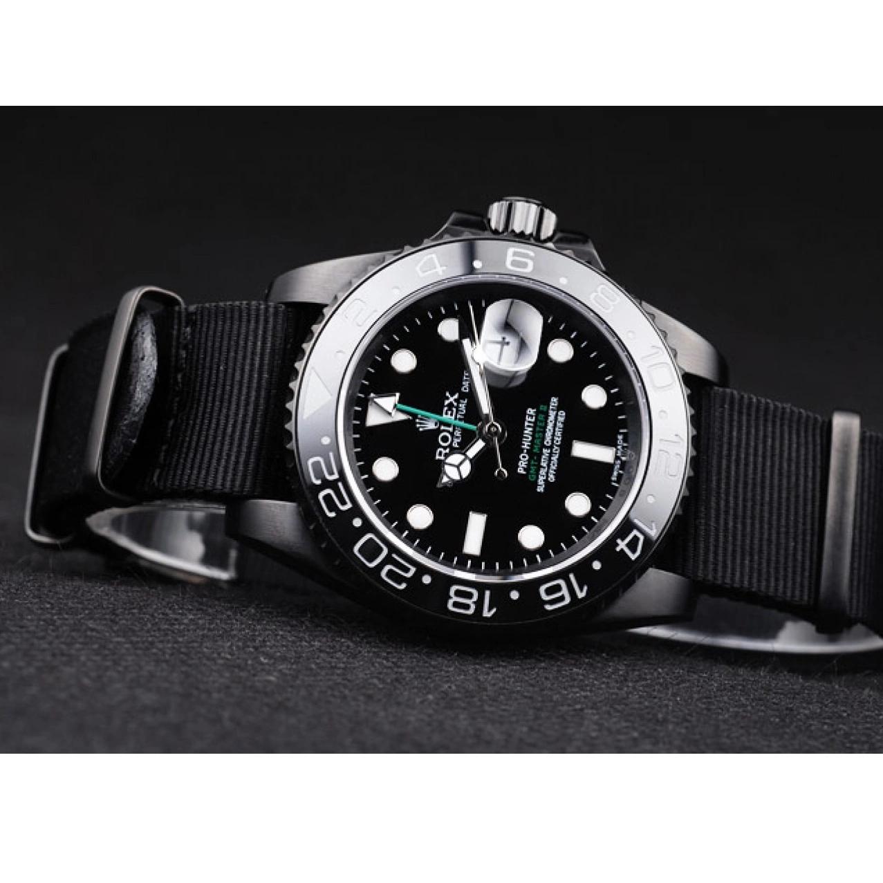 Aaa replica GMT Strap Fabric Swiss Black Rolex Master Dial Pro-Hunter II Black 0804